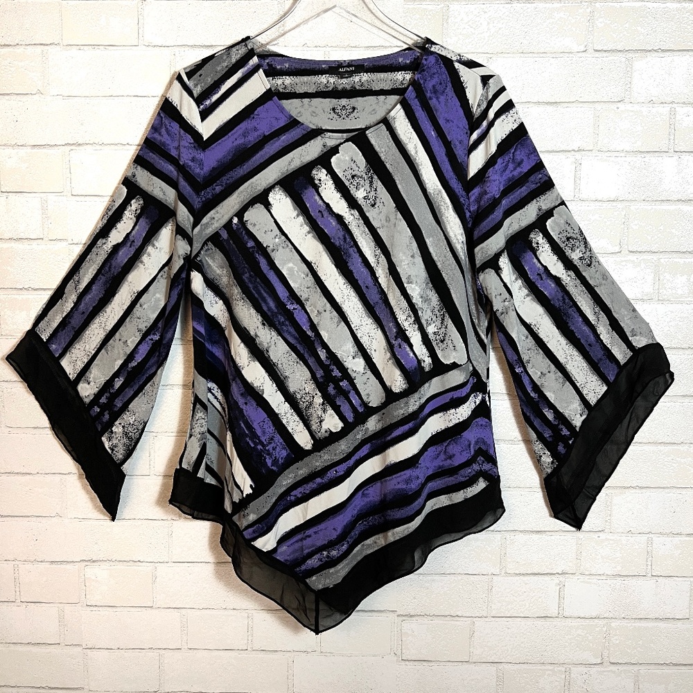 Alfani Short Bell Sleeve Geometric Stripe Blouse Black White Purple Grey